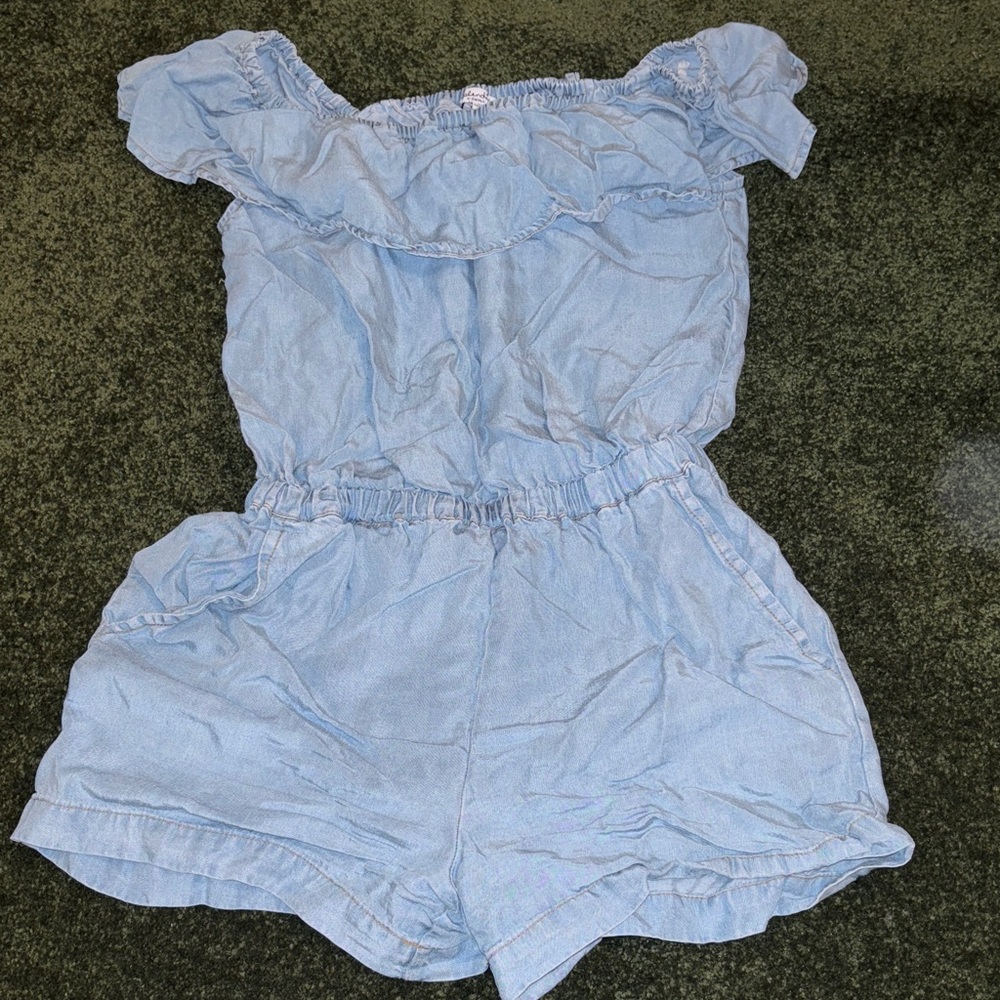 Light Blue Denim Romper - Off-Shoulder Short Onesie